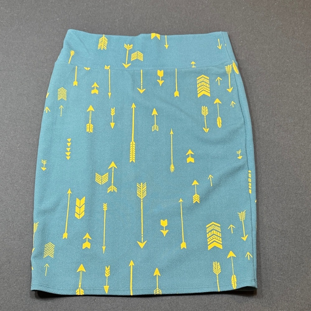LuLaRoe Teal Skirt with Yellow Arrow Pattern